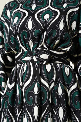 Karışık Motifli Kemerli Elbise Zümrüt - Tesettür Elbise