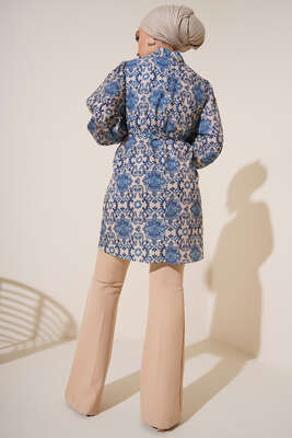 Karma Desen Balon Kol Kuşaklı Tunik Bej İndigo - Tunik