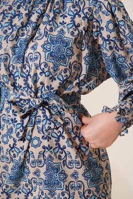 Karma Desen Balon Kol Kuşaklı Tunik Bej İndigo - Tunik