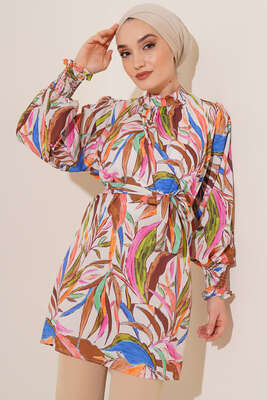 Karma Desen Balon Kol Kuşaklı Tunik Camel 