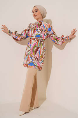 Karma Desen Balon Kol Kuşaklı Tunik Camel - Tunik