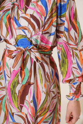 Karma Desen Balon Kol Kuşaklı Tunik Camel - Tunik