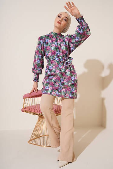 Karma Desen Balon Kol Kuşaklı Tunik Fusya - Tunik