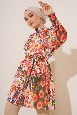 Karma Desen Balon Kol Kuşaklı Tunik Haki Oranj 