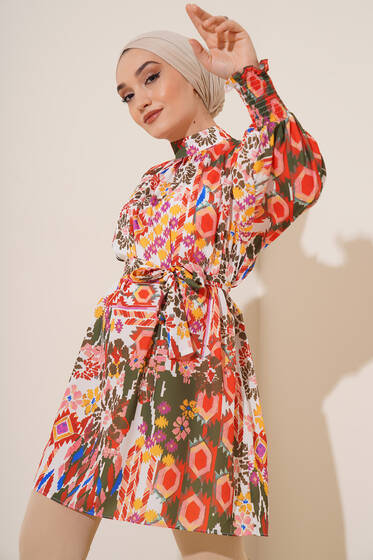 Karma Desen Balon Kol Kuşaklı Tunik Haki Oranj - Tunik