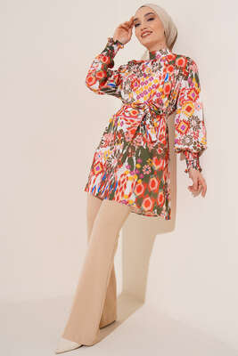 Karma Desen Balon Kol Kuşaklı Tunik Haki Oranj - Tunik