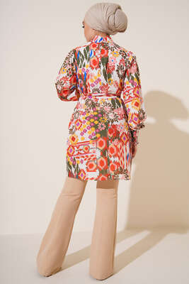 Karma Desen Balon Kol Kuşaklı Tunik Haki Oranj - Tunik