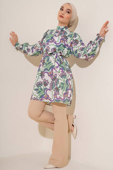 Karma Desen Balon Kol Kuşaklı Tunik Lila Yeşil - Tunik