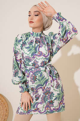 Karma Desen Balon Kol Kuşaklı Tunik Lila Yeşil - Tunik