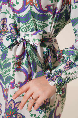 Karma Desen Balon Kol Kuşaklı Tunik Lila Yeşil - Tunik