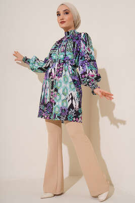 Karma Desen Balon Kol Kuşaklı Tunik Mor 