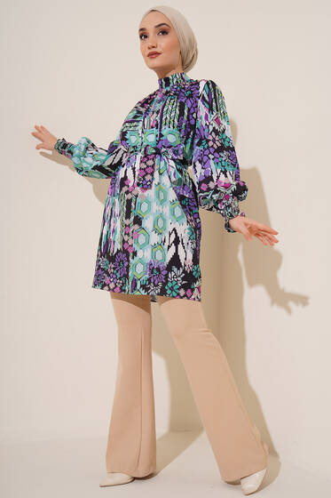 Karma Desen Balon Kol Kuşaklı Tunik Mor - Tunik
