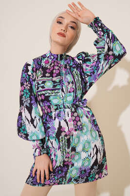 Karma Desen Balon Kol Kuşaklı Tunik Mor - Tunik