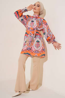 Karma Desen Balon Kol Kuşaklı Tunik Oranj 