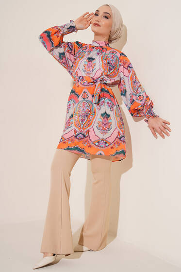 Karma Desen Balon Kol Kuşaklı Tunik Oranj - Tunik