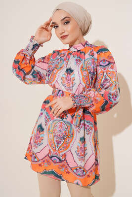 Karma Desen Balon Kol Kuşaklı Tunik Oranj - Tunik