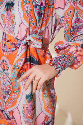 Karma Desen Balon Kol Kuşaklı Tunik Oranj - Tunik