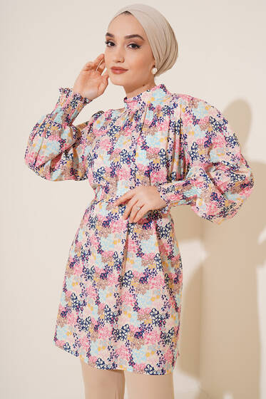 Karma Desen Balon Kol Kuşaklı Tunik Pembe - Tunik