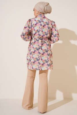 Karma Desen Balon Kol Kuşaklı Tunik Pembe - Tunik