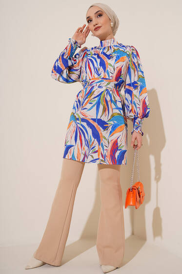 Karma Desen Balon Kol Kuşaklı Tunik Saks - Tunik