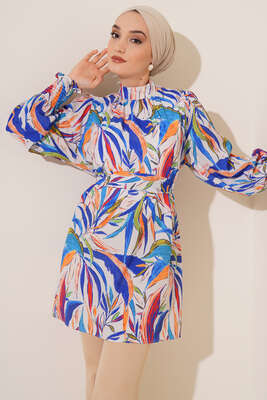 Karma Desen Balon Kol Kuşaklı Tunik Saks - Tunik