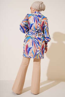 Karma Desen Balon Kol Kuşaklı Tunik Saks - Tunik