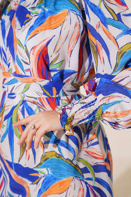 Karma Desen Balon Kol Kuşaklı Tunik Saks - Tunik