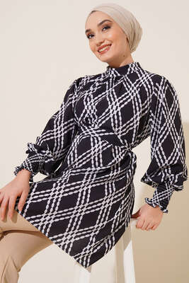 Karma Desen Balon Kol Kuşaklı Tunik Siyah Beyaz 