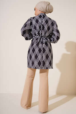 Karma Desen Balon Kol Kuşaklı Tunik Siyah Beyaz - Tunik