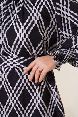 Karma Desen Balon Kol Kuşaklı Tunik Siyah Beyaz - Tunik