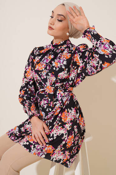 Karma Desen Balon Kol Kuşaklı Tunik Siyah Oranj - Tunik