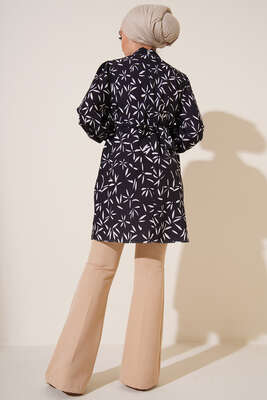 Karma Desen Balon Kol Kuşaklı Tunik Siyah - Tunik