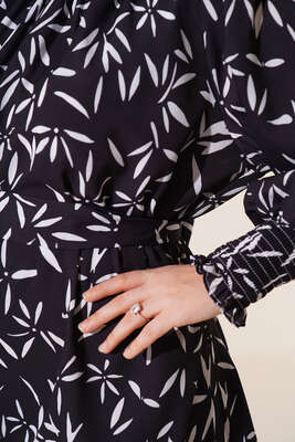 Karma Desen Balon Kol Kuşaklı Tunik Siyah - Tunik