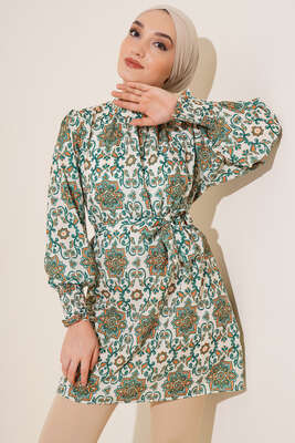 Karma Desen Balon Kol Kuşaklı Tunik Yeşil 