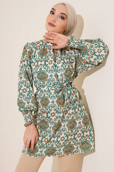 Karma Desen Balon Kol Kuşaklı Tunik Yeşil - Tunik