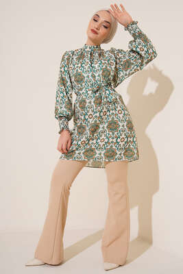 Karma Desen Balon Kol Kuşaklı Tunik Yeşil - Tunik