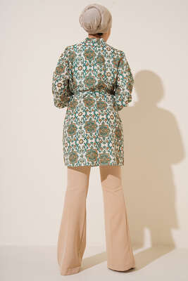Karma Desen Balon Kol Kuşaklı Tunik Yeşil - Tunik