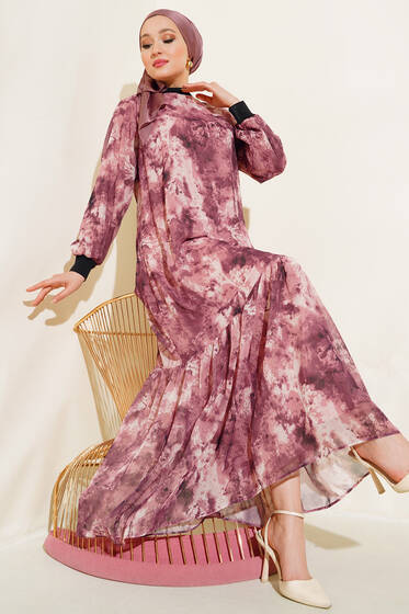 Karma Desen Şifon Elbise Gül Kurusu - Elbise