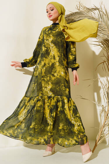 Karma Desen Şifon Elbise Haki - Elbise