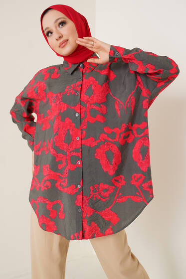 Karma Desenli Oversize Gömlek Bordo - Gömlek