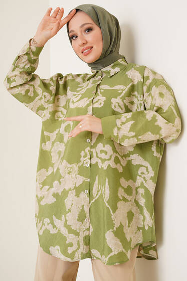 Karma Desenli Oversize Gömlek Çağla Yeşili - Gömlek
