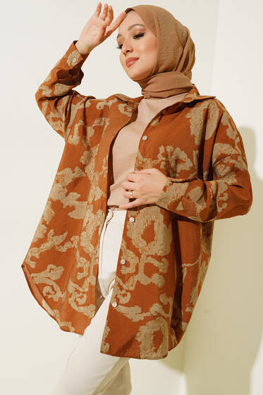 Karma Desenli Oversize Gömlek Camel - Gömlek