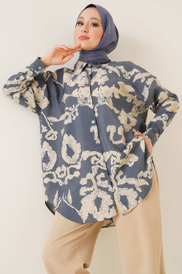Karma Desenli Oversize Gömlek Füme - Gömlek