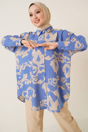 Karma Desenli Oversize Gömlek İndigo - Gömlek