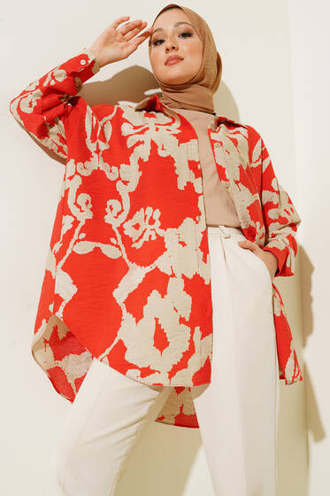 Karma Desenli Oversize Gömlek Kiremit - Gömlek