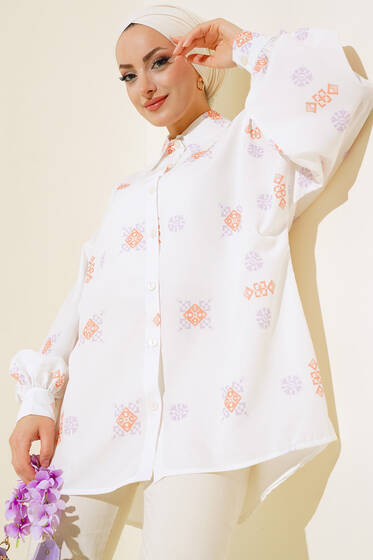 Karma Desenli Oversize Gömlek Lila - Gömlek