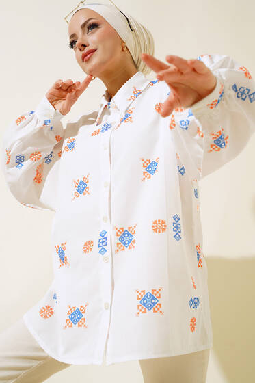 Karma Desenli Oversize Gömlek Oranj - Gömlek