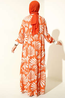 Karma Desenli Ribana Patlı Elbise Oranj - Thumbnail