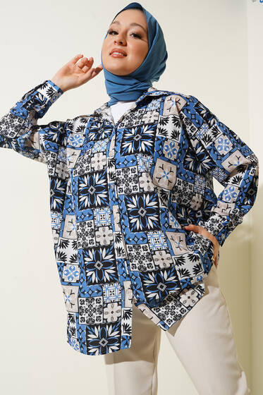 Karma Dijital Baskılı Gömlek İndigo - Gömlek