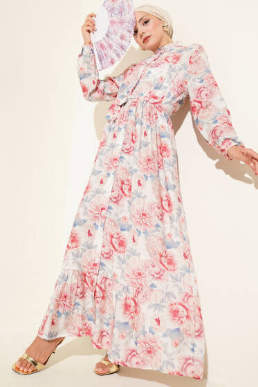 Karmaşık Çiçek Desenli Elbise Mavi - Elbise